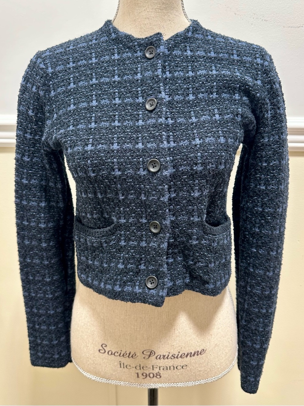 Uni Qlo Cropped Tweed Blazer Blue Black XS Refined Lagenlook Career Elegant